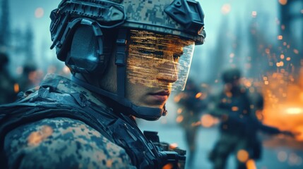 Futuristic soldier with augmented reality interface in combat situation