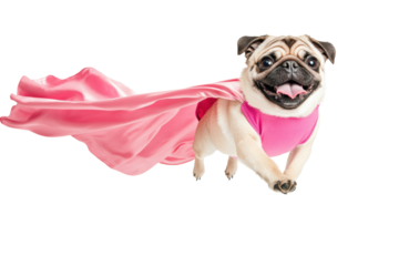 A playful pug dog wearing a pink superhero cape against a white background. transparent PNG