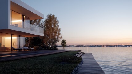 Fototapeta premium Modern home by the lake at sunset