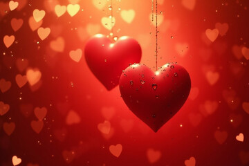 A beautiful bokeh golden background with two red hearts representing love in honor of Saint Valentine's Day. Golden bokeh in the shape of hearts on a red background. Celebrating Valentine's day