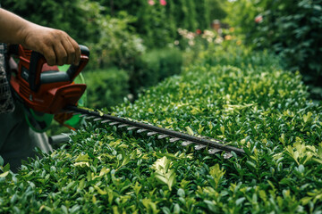 Close-up of an electric hedge trimmer cutting boxwood in a sunny garden. Ideal for yard upkeep,...