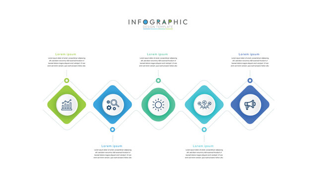 Horizontal timeline with 5 circular, square elements, clean and modern infographic template designed for easy data visualization. It features five distinct sections, modern infographic template design