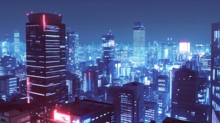 Futuristic cityscape at night with glowing neon lights and skyscrapers