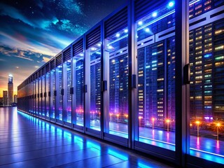 Fototapeta premium Night Cityscape with Glowing Server Racks - Web Hosting Data Center