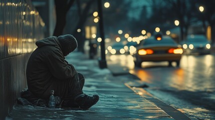 Obraz premium A lone figure huddles on a cold urban street as night falls, with car lights providing a stark contrast to the somber scene.