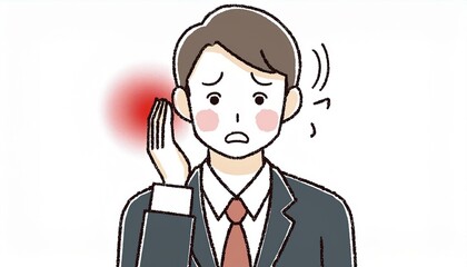 耳鳴りなどで耳が痛い男性会社員。耳に手を当てて苦悶の表情をするイラスト。AIで生成