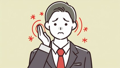 耳鳴りなどで耳が痛い男性会社員。耳に手を当てて苦悶の表情をするイラスト。AIで生成