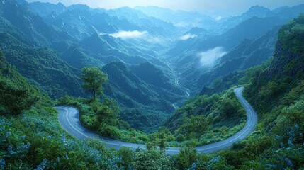 Winding Mountain Road Through Verdant Valleys with Distant Misty Peaks