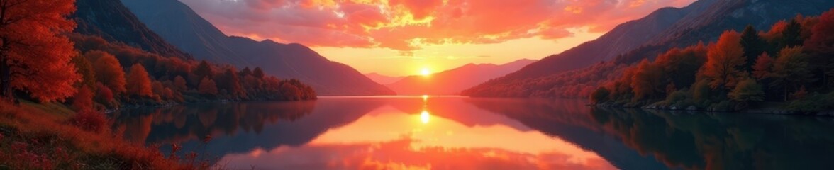 Obraz premium Blazing orange sunset reflects on calm Hintersee; vibrant fall foliage , Hintersee, reflection