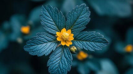 Vibrant Yellow Flower Dark Teal Leaves Nature art blue plant bloom    