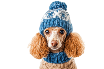 Cute dog wearing a knitted winter hat and scarf, isolated on white background. transparent PNG