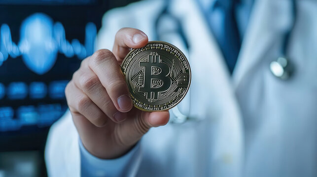 Bitcoin and ECG Wave Theme, Doctor holding Bitcoin coin with ECG machine in background