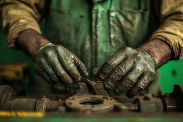 Fototapeta premium Hands at work transforming machinery in a vibrant workshop filled with tools and a sense of dedication to craftsmanship