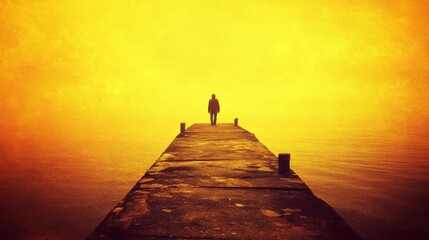A solitary figure stands at the end of a pier, enveloped in a dramatic golden mist, evoking a sense of contemplation and mystery.