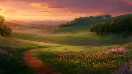 Obraz premium Tranquil Countryside Landscape at Sunset with Rolling Hills, Wildflowers, and a Winding Path Under a Pastel-Colored Sky