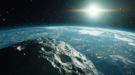 Obraz premium Asteroid approaching earth in space highlighting cosmic danger and planetary threat from outer space for scientific exploration and awareness