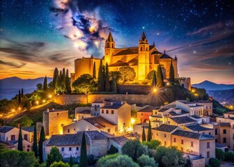 Fototapeta premium Night View of Arta, Majorca: Church & Fortress Illuminated