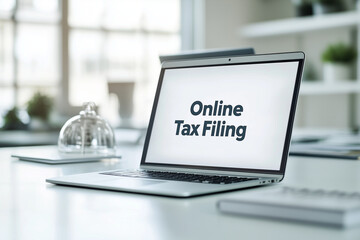 Online tax filing on laptop in modern workspace