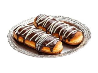 Delicious chocolate eclairs drizzled with white icing on a silver platter. transparent PNG