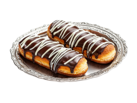 Delicious chocolate eclairs drizzled with white icing on a silver platter. transparent PNG
