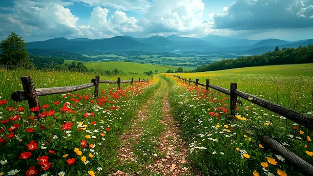 Picturesque countryside pathway with wooden fences and wildflowers. Seamless looping 4K time-lapse animation video background