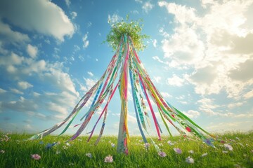 A tall, colorful maypole with long flowing ribbons stands in a sunlit meadow, surrounded by wildflowers under a blue sky with scattered clouds, symbolizing tradition, dance, and spring festivals