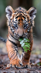 Obraz premium Sumatran Tiger Cub Walking with a Leaf. Wild Kitten, Jungle Scene, Adorable Moment.