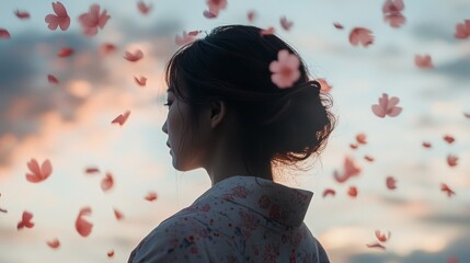 Fototapeta premium A woman in traditional attire stands serenely amidst floating cherry blossoms, embodying grace and a timeless connection with nature.