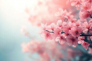 Obraz premium Delicate cherry blossoms bloom vibrantly under soft sunlight during a tranquil spring morning in a serene garden