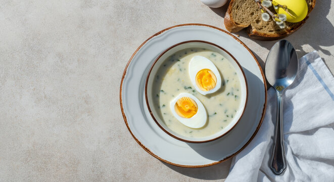 Creamy polish zurek soup with hard-boiled eggs and dill. Easter food. 