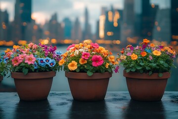 Fototapeta premium Colorful flower pots on a ledge with a city skyline and lights in the background at dusk