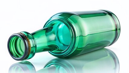 Open Blue-Green Glass Bottle, Isolated on White Background, Copy Space