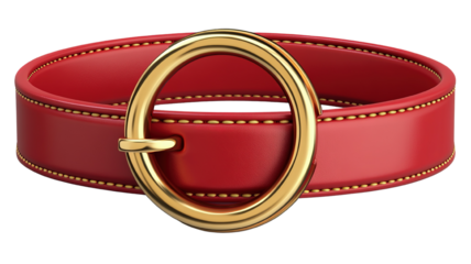 A vibrant red belt with a large, gold circular buckle, isolated on a transparent background. The belt features bold stitching and a glossy finish.