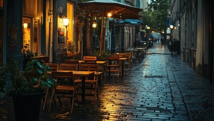 Fototapeta premium Rainy Night in a Cobblestone European Street with Outdoor Cafe