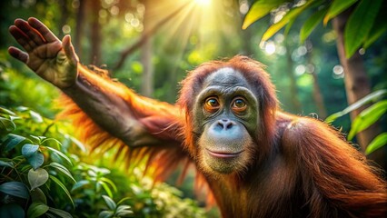 Obraz premium Orangutan Reaching Out in Lush Green Jungle - Bokeh Wildlife Photo