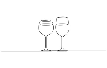 Champagne Toast, Two Wine Glasses, Cheers, Continuous Line Drawing, two elegant champagne glasses One continuous line drawing vector on a white background. Doodle vector illustration.
