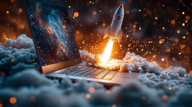 A whimsical miniature rocket blasts off from the screen of a laptop, vividly illustrating the blend of technology with imaginative flight and aspiration in a digital realm.