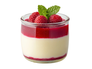 Delicious raspberry panna cotta in a clear glass jar, garnished with fresh raspberries and mint leaves. transparent PNG