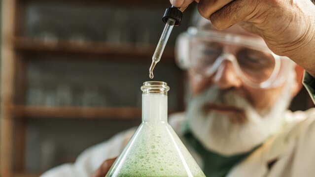 Closeup of bubbling liquid in a glass beaker as a senior biohacker carefully adds a few drops from a dropper showcasing their precise odology and attention to detail.