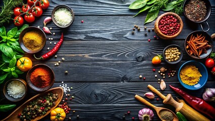 Overhead Shot of Rustic Cooking Ingredients on Black Wood, Empty Space for Text - Culinary Background