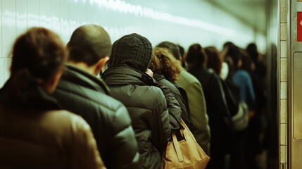 People stand in line in a subway hallway, enveloped in coats and hats, portraying a scene of daily routine and commuting in the cold season.