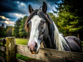 Naklejka premium Elegant black and white horse photographed against a rustic fence, capturing the essence of ranch life.