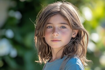 Fototapeta premium Boy with long hair gazing thoughtfully in a garden setting during soft daylight
