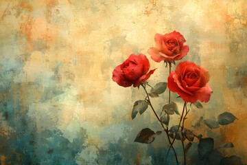 Obraz premium Three Red Roses on a Textured Background with a Vintage and Artistic Floral Arrangement