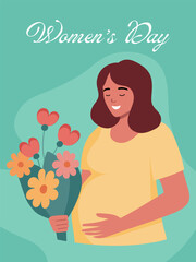 Women's Day greeting card. Pregnant woman with flowers and text Women's day. 8 March International Women's Day celebration vector design
