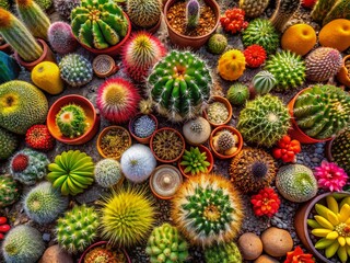 Fototapeta premium Panoramic Aerial View of Desert Cactus Garden - Diverse Succulents & Prickly Pears