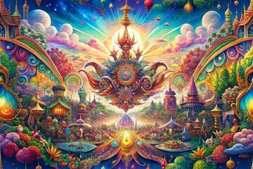 Panoramic Artistic Festival Pattern Design: Hand-Drawn Whimsical Illustrations