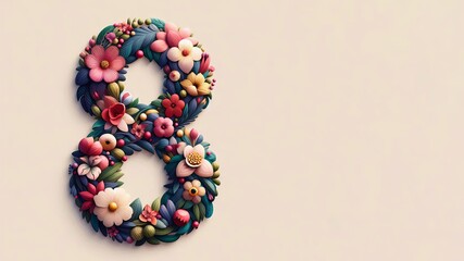 Ilustración de arte digital con un número central  '8' rodeado de una variedad de flores coloridas. Concepto dia de la mujer. 8 de marzo