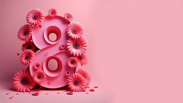 Ilustraci&oacute;n de arte digital con un n&uacute;mero central  '8' rodeado de una variedad de flores coloridas. Concepto dia de la mujer. 8 de marzo