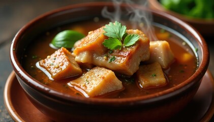 Brown ceramic bowl filled with steaming hot pork ribs broth, hot liquid, brown bowl, soup